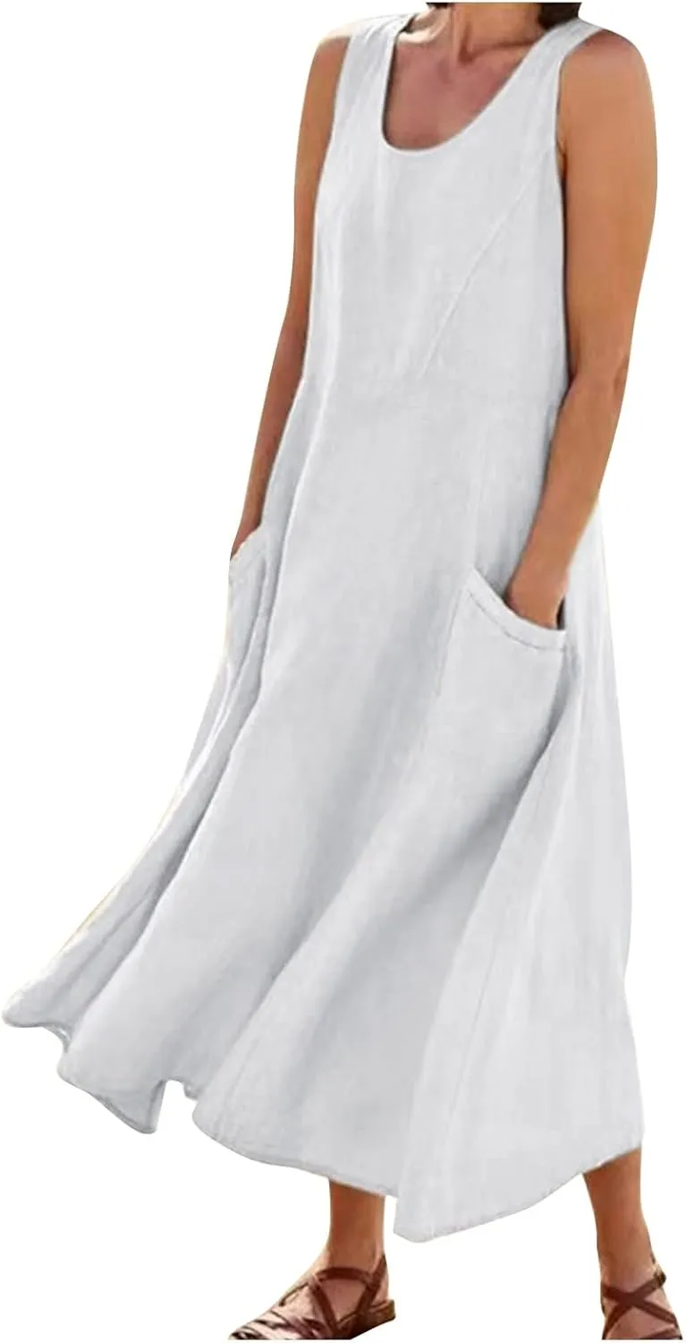 Vacation Dresses for Women 2025 Beach Summer Sleeveless Linen Maxi Dress Boho Flowy Plus Size Sun Dresses with Pocket
