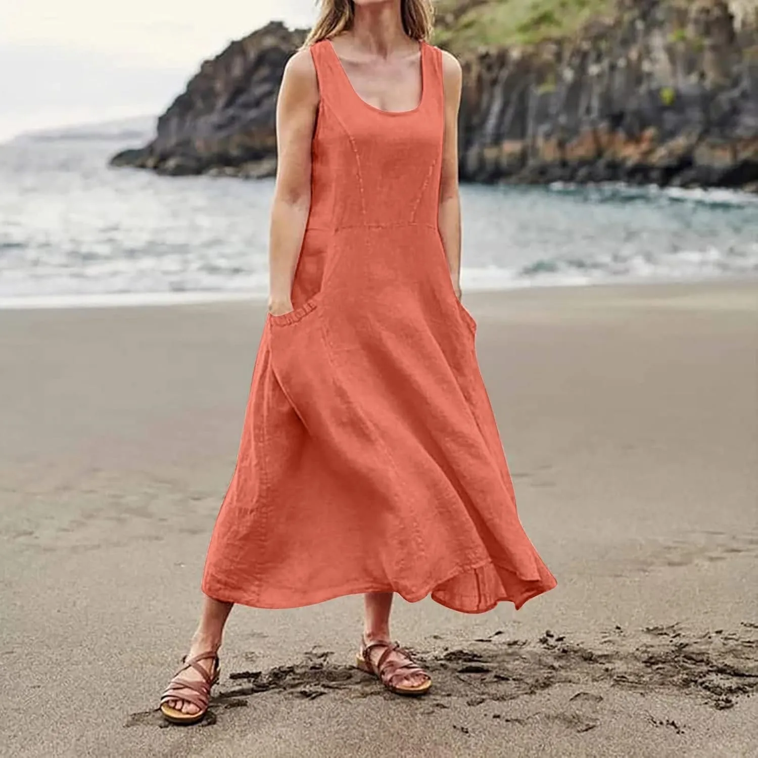 Vacation Dresses for Women 2025 Beach Summer Sleeveless Linen Maxi Dress Boho Flowy Plus Size Sun Dresses with Pocket