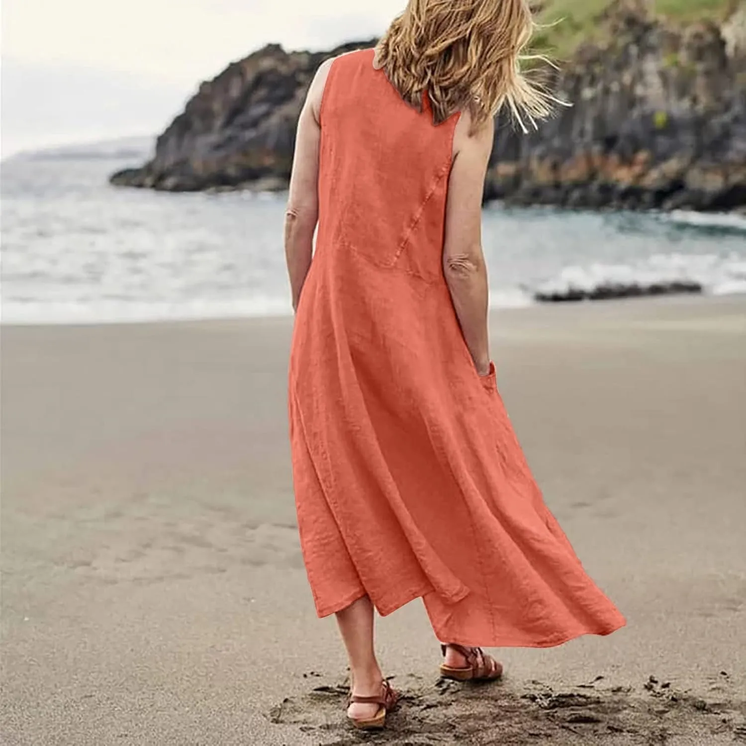 Vacation Dresses for Women 2025 Beach Summer Sleeveless Linen Maxi Dress Boho Flowy Plus Size Sun Dresses with Pocket