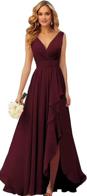 VCCICANY Chiffon Bridesmaid Dresses with Slit V Neck Ruffle Ruched Long Formal Dress for Wedding