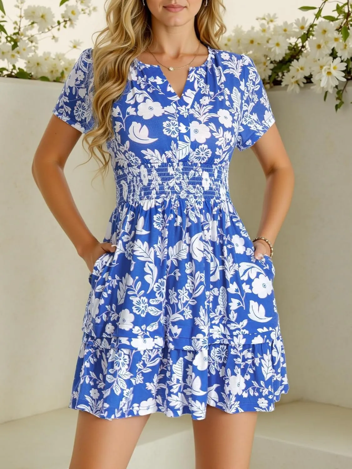 VETIOR Somerset Mini Dress Teens Friendly Womens Elastic Smocked Waist Henley Neck with Ruffled Sleeves and Pockets
