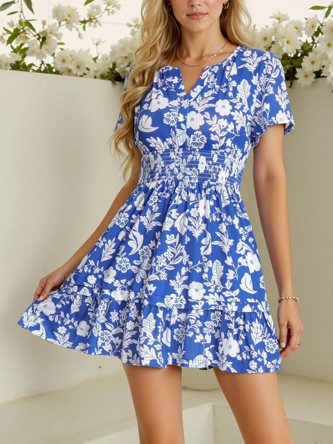 VETIOR Somerset Mini Dress Teens Friendly Womens Elastic Smocked Waist Henley Neck with Ruffled Sleeves and Pockets