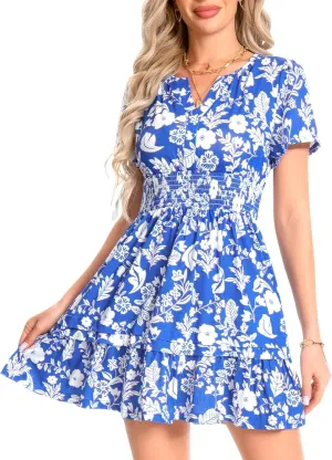 VETIOR Somerset Mini Dress Teens Friendly Womens Elastic Smocked Waist Henley Neck with Ruffled Sleeves and Pockets