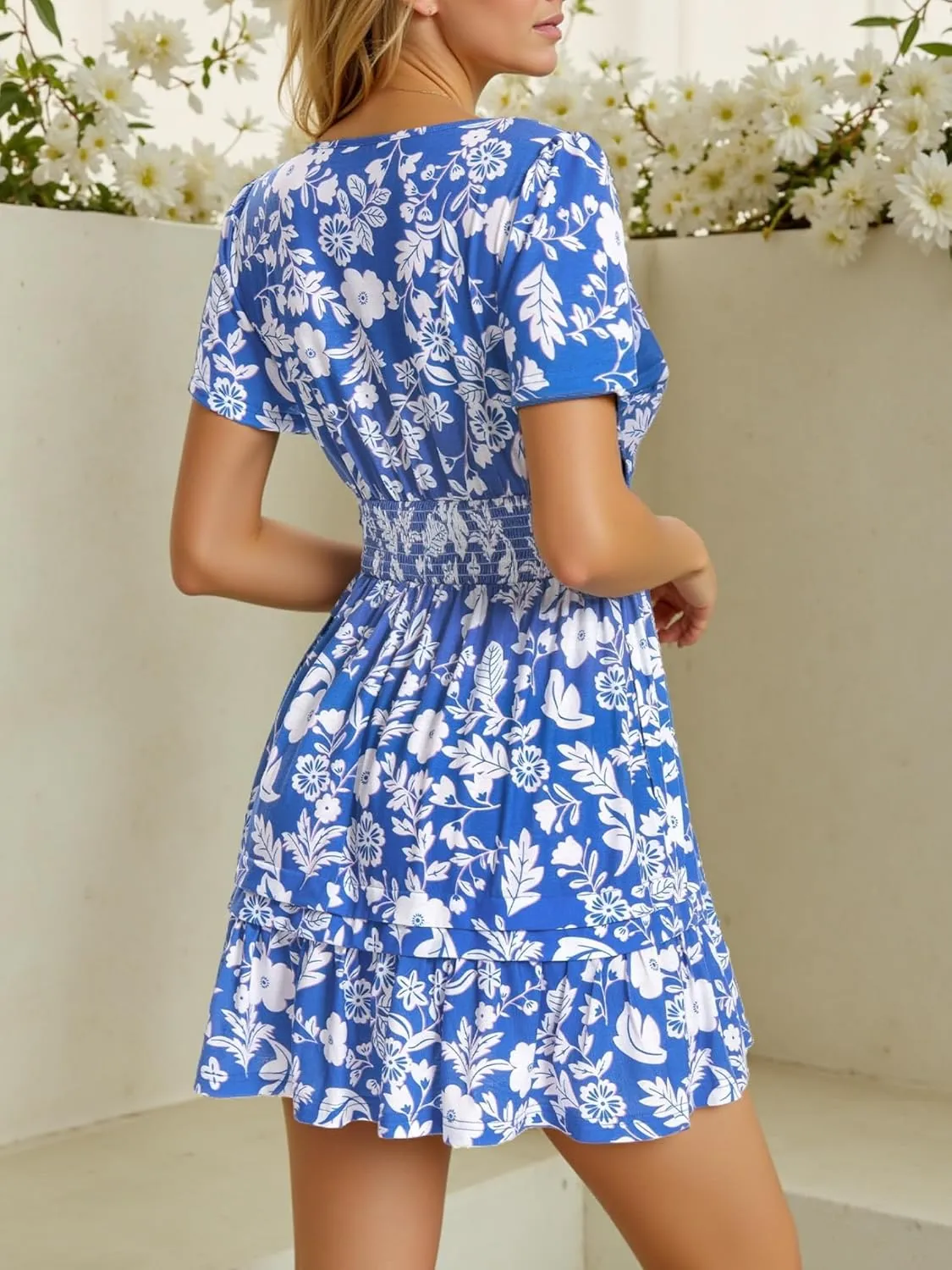 VETIOR Somerset Mini Dress Teens Friendly Womens Elastic Smocked Waist Henley Neck with Ruffled Sleeves and Pockets