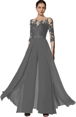 Wedding Guest Jumpsuits Lace Appliques Pantsuits Chiffon Mother of The Bride Outfit Sets Evening Party Gowns