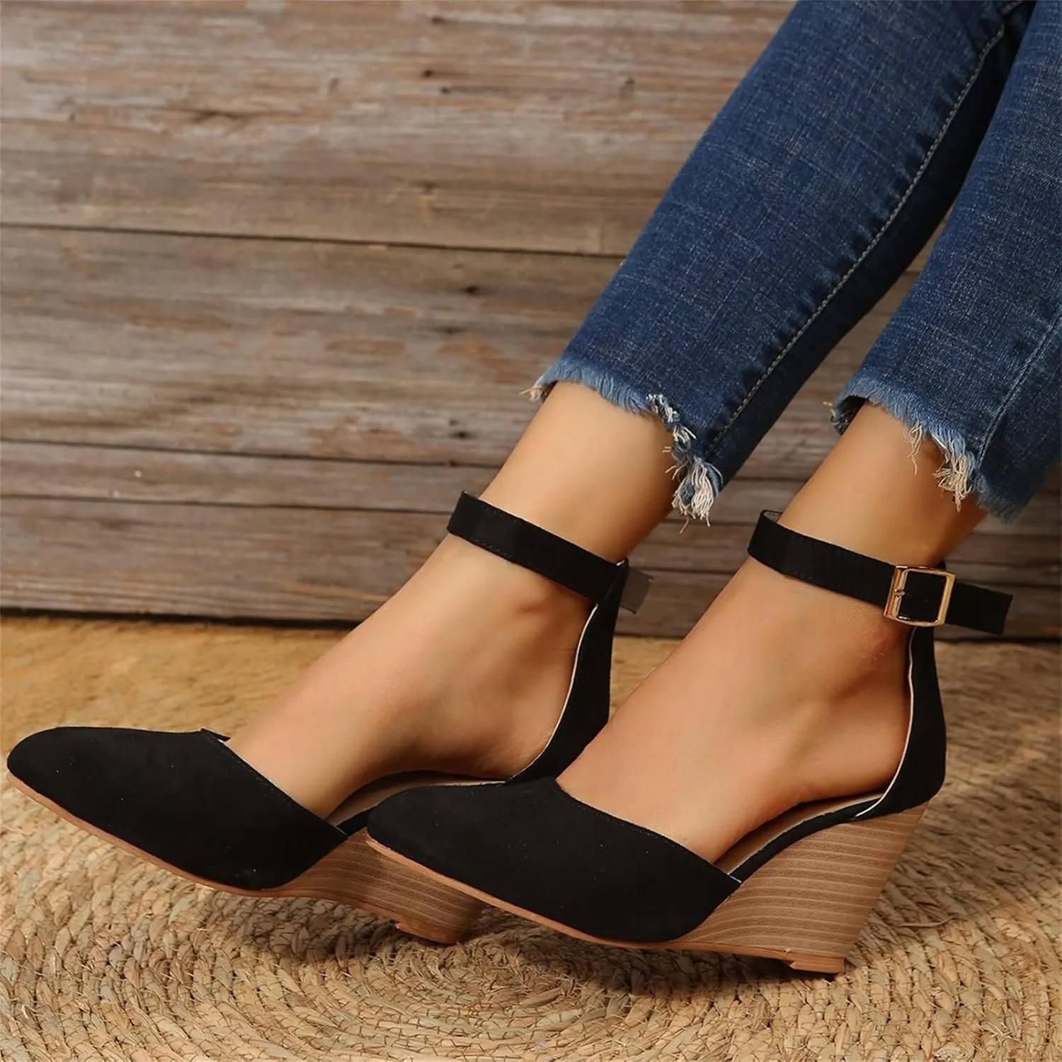 Wedge Sandals for Women Summer Espadrilles Wedges Heels Pointed Toe Ankle Strap Platform Sandals, Comfortable Cork Closed Toe Espadrilles Wedge Sandal with Arch Support