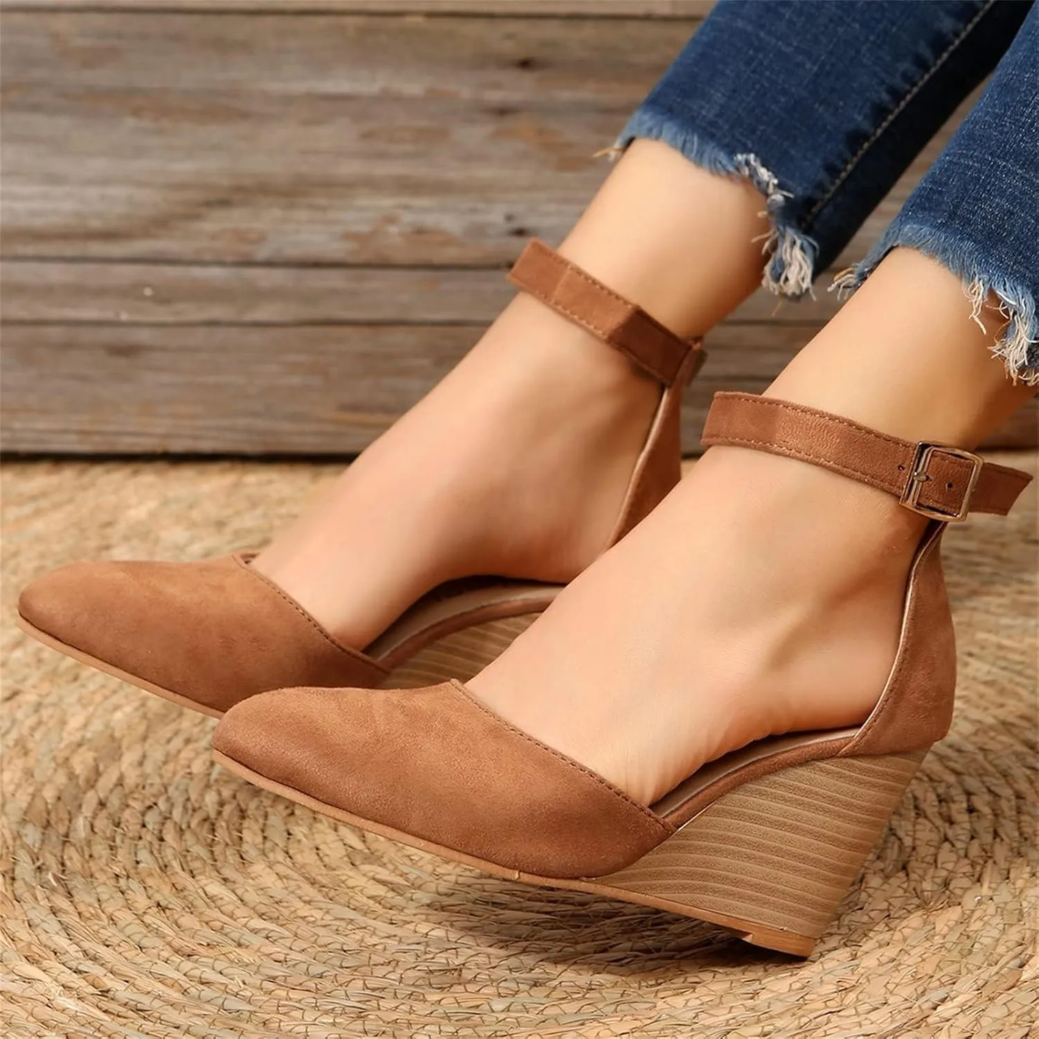 Wedge Sandals for Women Summer Espadrilles Wedges Heels Pointed Toe Ankle Strap Platform Sandals, Comfortable Cork Closed Toe Espadrilles Wedge Sandal with Arch Support