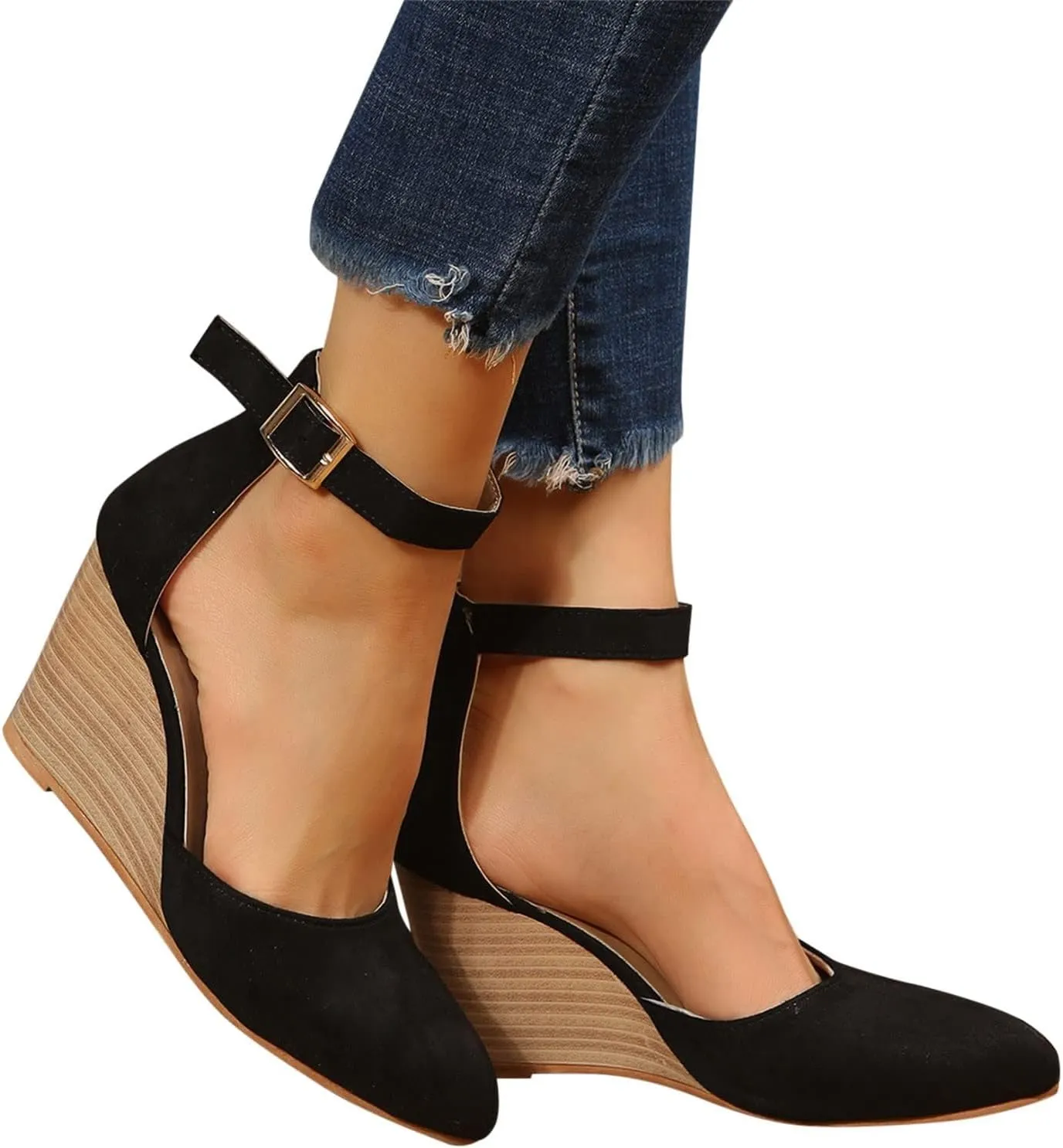 Wedge Sandals for Women Summer Espadrilles Wedges Heels Pointed Toe Ankle Strap Platform Sandals, Comfortable Cork Closed Toe Espadrilles Wedge Sandal with Arch Support