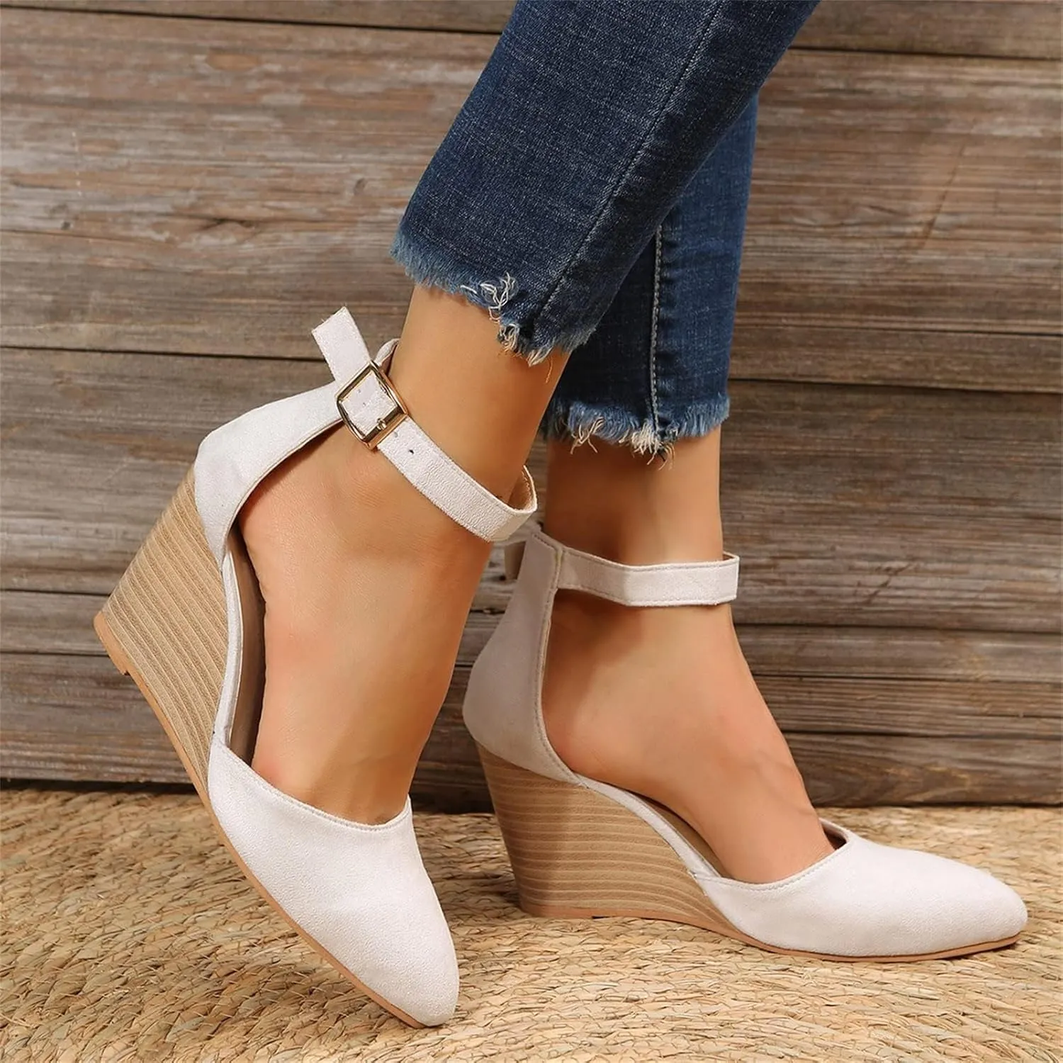 Wedge Sandals for Women Summer Espadrilles Wedges Heels Pointed Toe Ankle Strap Platform Sandals, Comfortable Cork Closed Toe Espadrilles Wedge Sandal with Arch Support