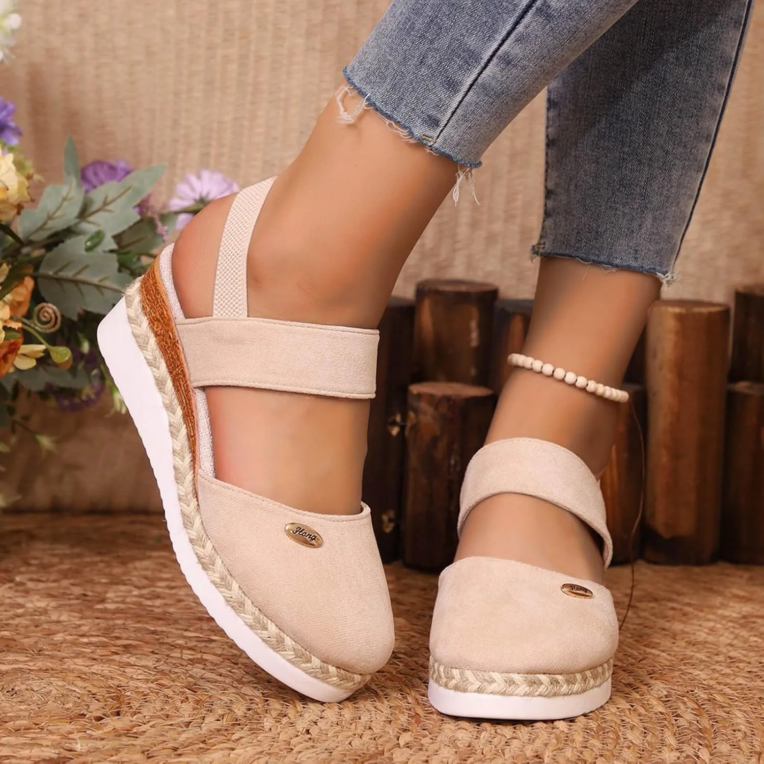 Wedge Sandals for Women Summer Espadrilles Wedges Pointed Toe Ankle Strap Platform Sandals, Comfortable Cork Closed Toe Espadrilles Casual Orthopedic Sandal with Arch Support