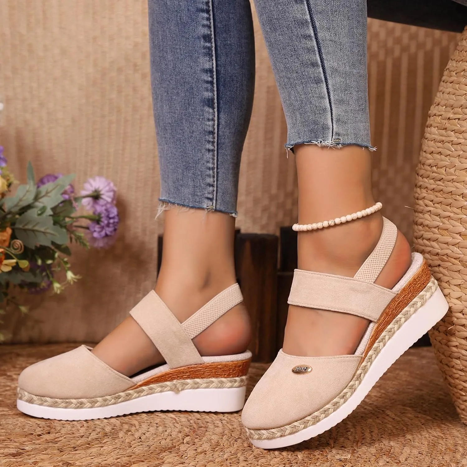 Wedge Sandals for Women Summer Espadrilles Wedges Pointed Toe Ankle Strap Platform Sandals, Comfortable Cork Closed Toe Espadrilles Casual Orthopedic Sandal with Arch Support