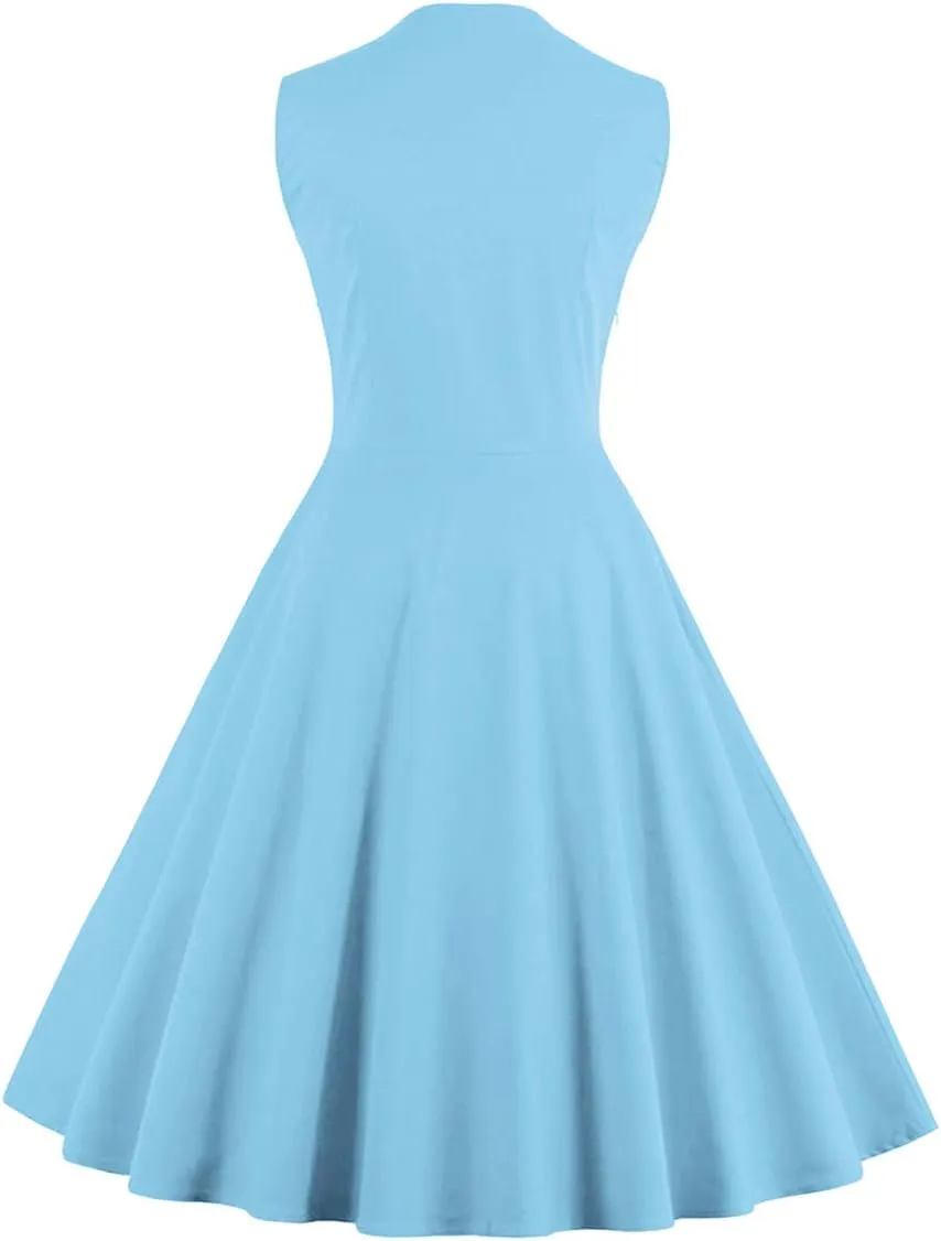 Women 1950s Dresses Vintage Sleeveless Spliced Floral/Polka Dots A Line Swing Midi Dress Cocktail Party Evening Gown