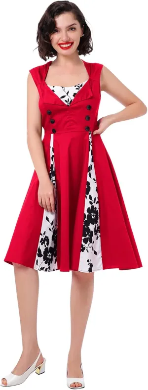 Women 1950s Dresses Vintage Sleeveless Spliced Floral/Polka Dots A Line Swing Midi Dress Cocktail Party Evening Gown