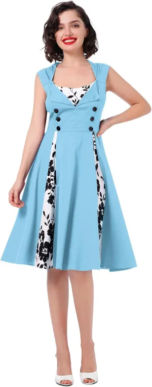 Women 1950s Dresses Vintage Sleeveless Spliced Floral/Polka Dots A Line Swing Midi Dress Cocktail Party Evening Gown