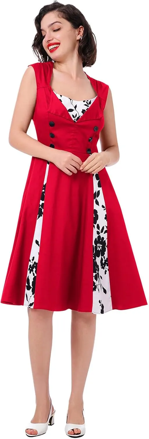 Women 1950s Dresses Vintage Sleeveless Spliced Floral/Polka Dots A Line Swing Midi Dress Cocktail Party Evening Gown