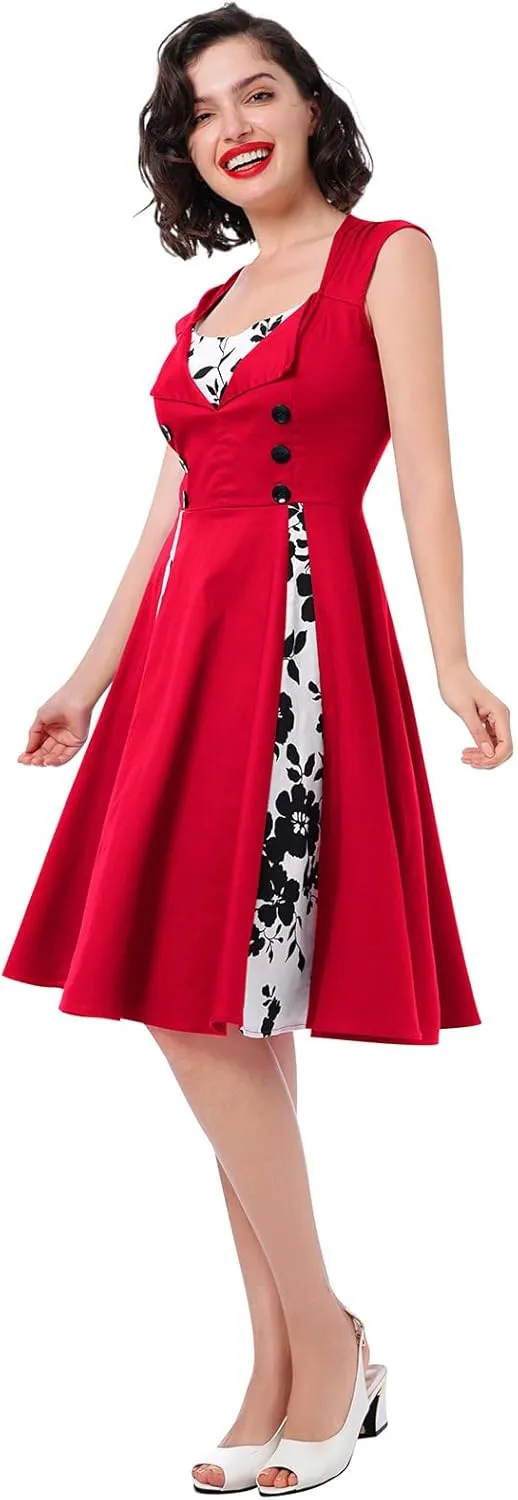 Women 1950s Dresses Vintage Sleeveless Spliced Floral/Polka Dots A Line Swing Midi Dress Cocktail Party Evening Gown