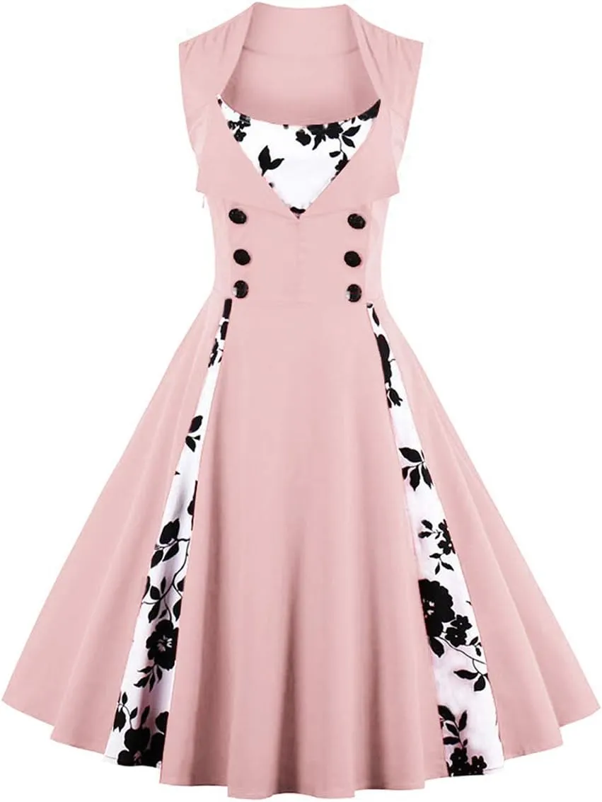 Women 1950s Dresses Vintage Sleeveless Spliced Floral/Polka Dots A Line Swing Midi Dress Cocktail Party Evening Gown