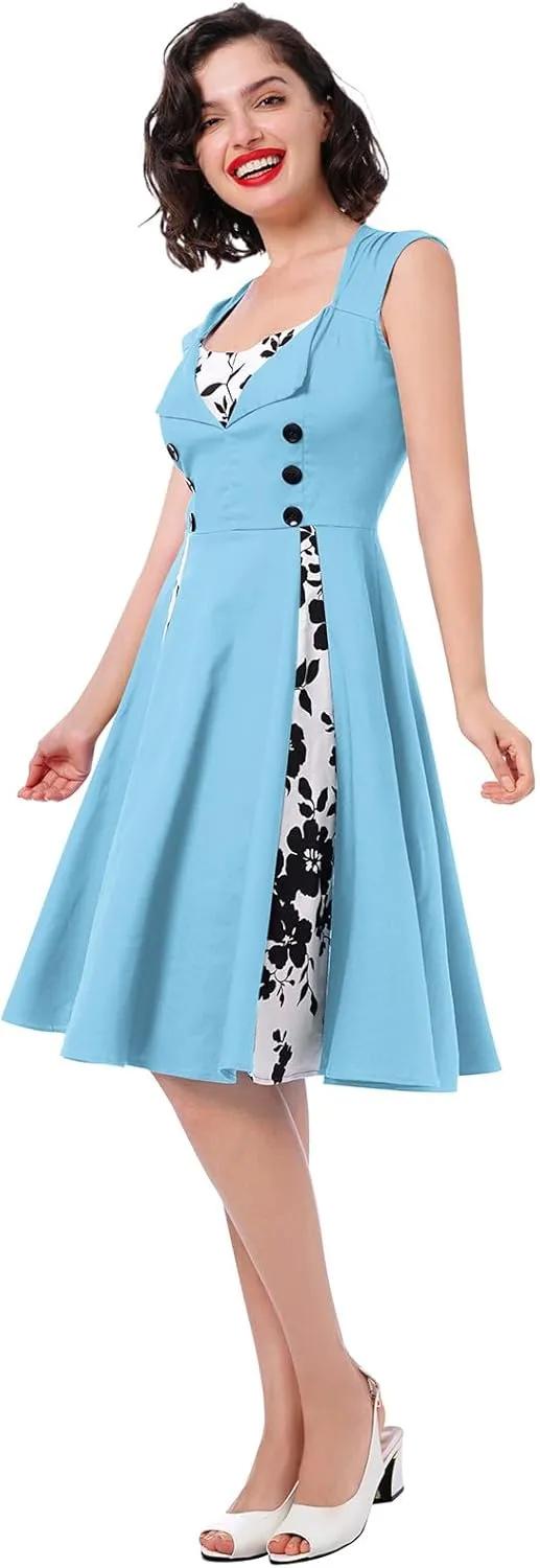 Women 1950s Dresses Vintage Sleeveless Spliced Floral/Polka Dots A Line Swing Midi Dress Cocktail Party Evening Gown