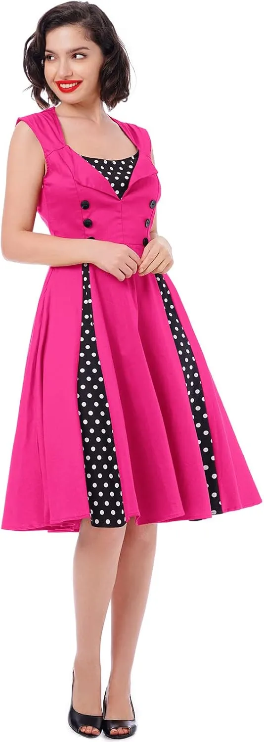 Women 1950s Dresses Vintage Sleeveless Spliced Floral/Polka Dots A Line Swing Midi Dress Cocktail Party Evening Gown