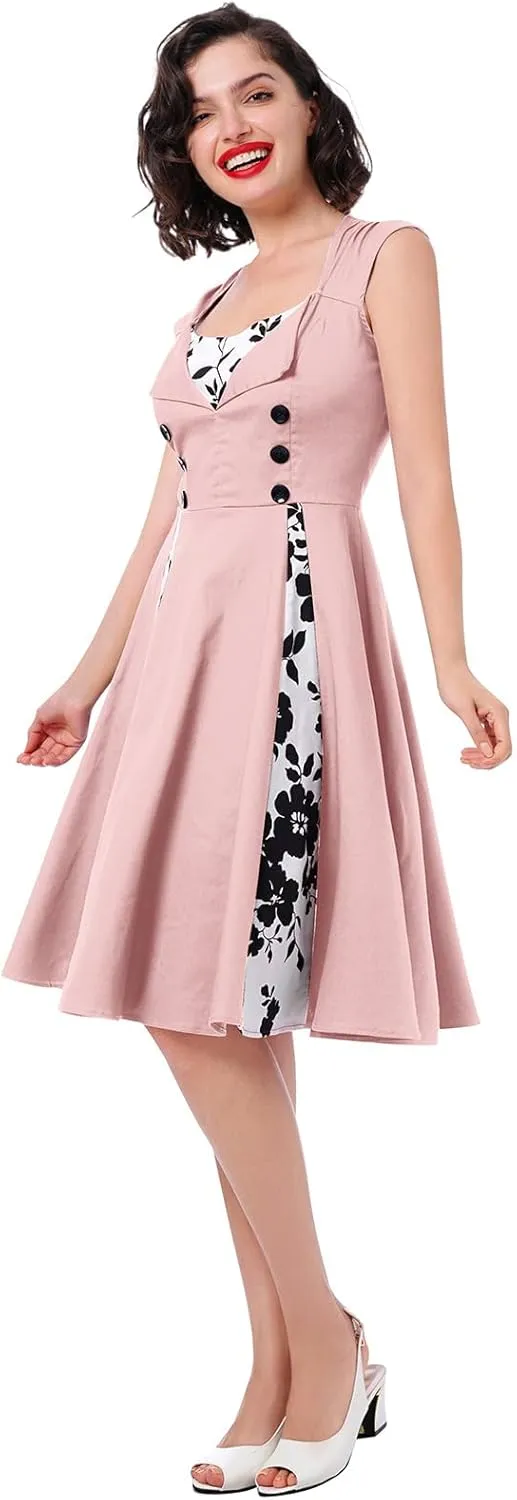 Women 1950s Dresses Vintage Sleeveless Spliced Floral/Polka Dots A Line Swing Midi Dress Cocktail Party Evening Gown