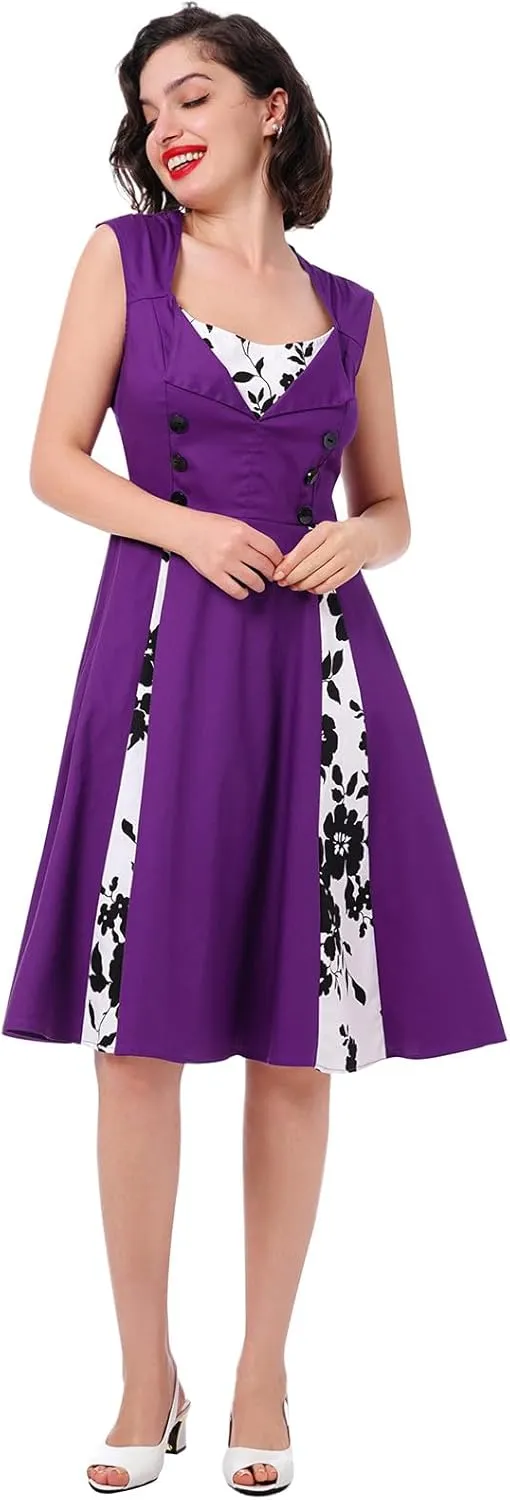Women 1950s Dresses Vintage Sleeveless Spliced Floral/Polka Dots A Line Swing Midi Dress Cocktail Party Evening Gown