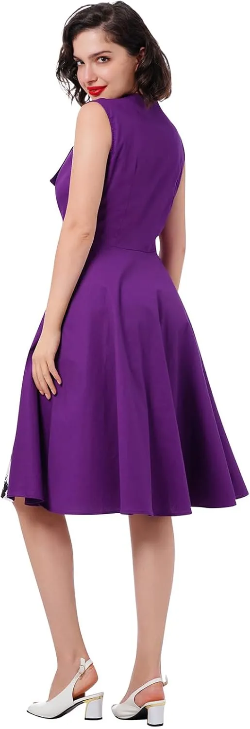 Women 1950s Dresses Vintage Sleeveless Spliced Floral/Polka Dots A Line Swing Midi Dress Cocktail Party Evening Gown