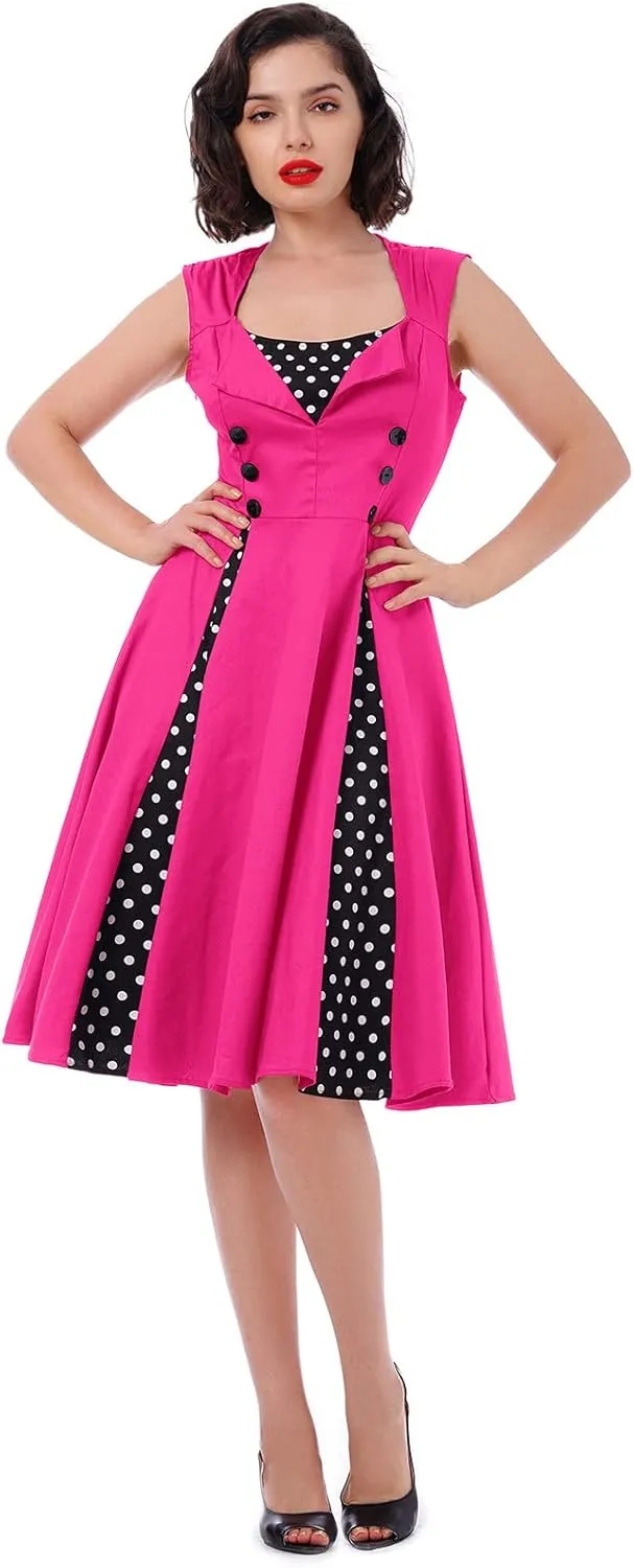Women 1950s Dresses Vintage Sleeveless Spliced Floral/Polka Dots A Line Swing Midi Dress Cocktail Party Evening Gown