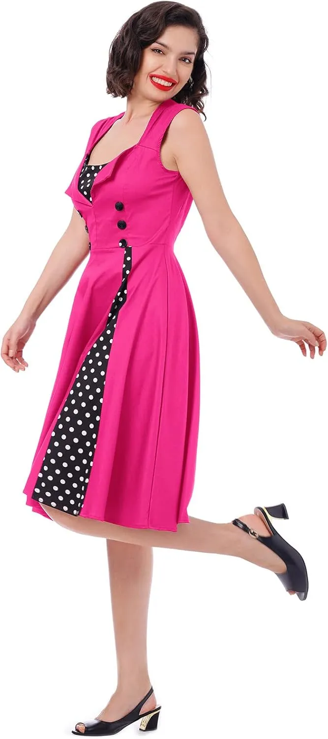 Women 1950s Dresses Vintage Sleeveless Spliced Floral/Polka Dots A Line Swing Midi Dress Cocktail Party Evening Gown