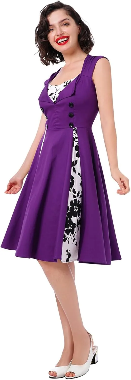 Women 1950s Dresses Vintage Sleeveless Spliced Floral/Polka Dots A Line Swing Midi Dress Cocktail Party Evening Gown