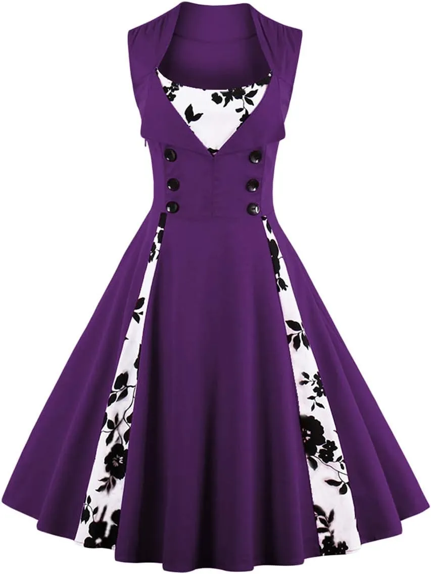 Women 1950s Dresses Vintage Sleeveless Spliced Floral/Polka Dots A Line Swing Midi Dress Cocktail Party Evening Gown