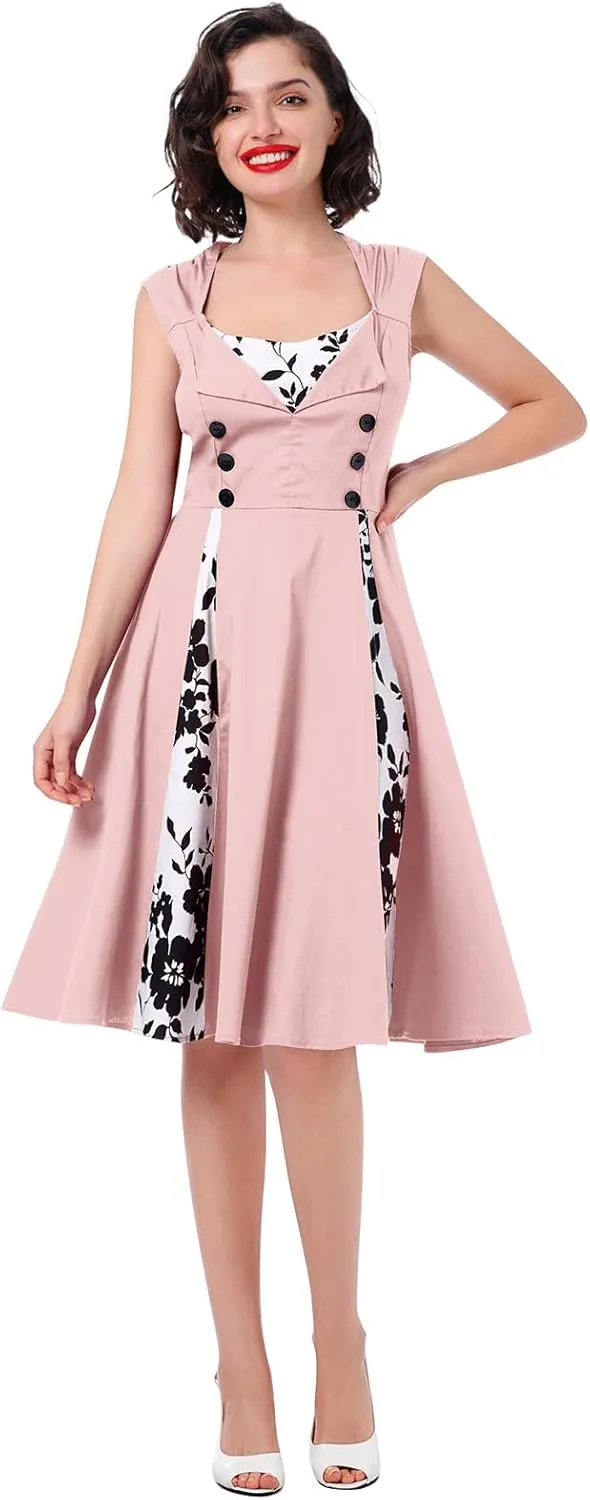 Women 1950s Dresses Vintage Sleeveless Spliced Floral/Polka Dots A Line Swing Midi Dress Cocktail Party Evening Gown