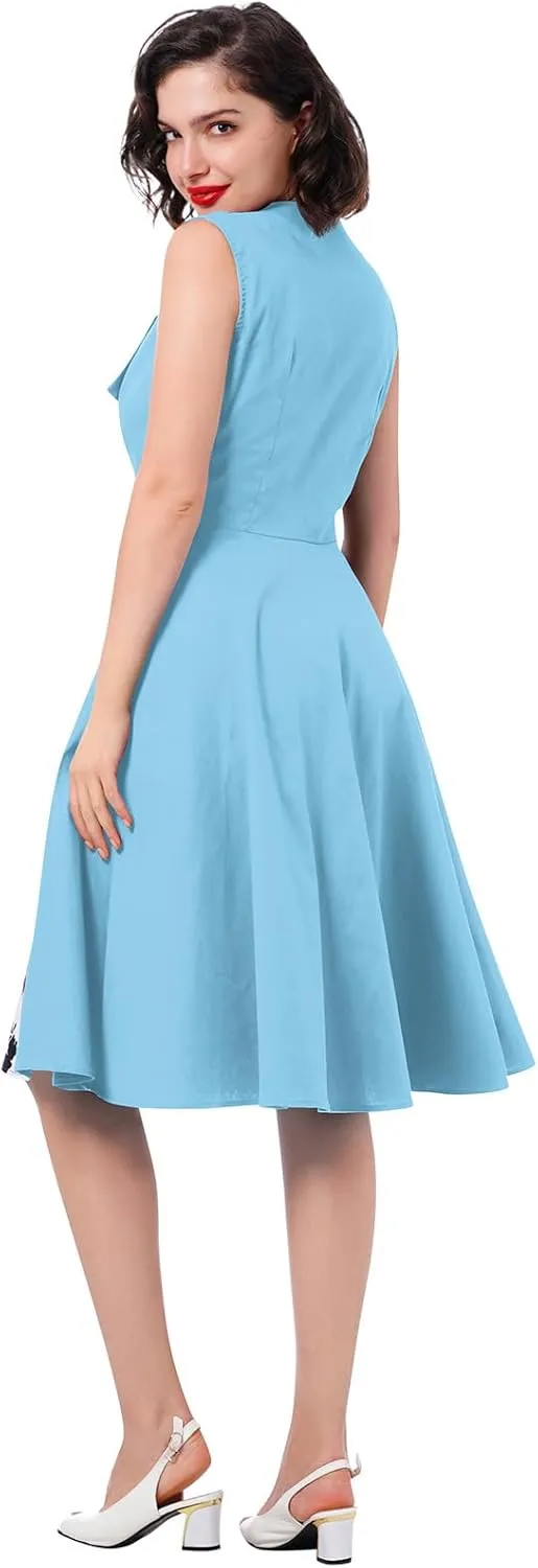 Women 1950s Dresses Vintage Sleeveless Spliced Floral/Polka Dots A Line Swing Midi Dress Cocktail Party Evening Gown