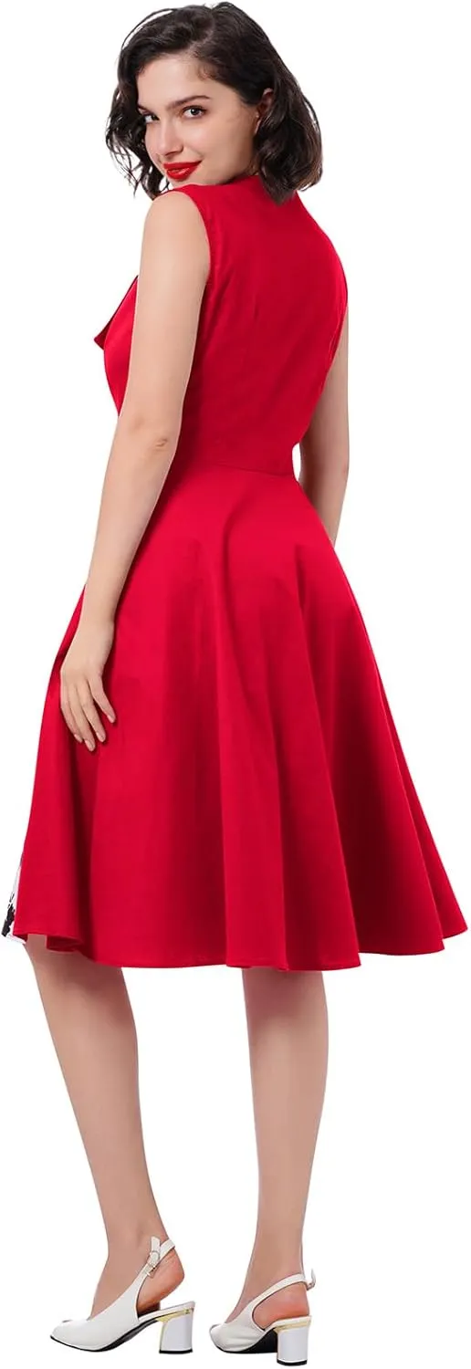 Women 1950s Dresses Vintage Sleeveless Spliced Floral/Polka Dots A Line Swing Midi Dress Cocktail Party Evening Gown