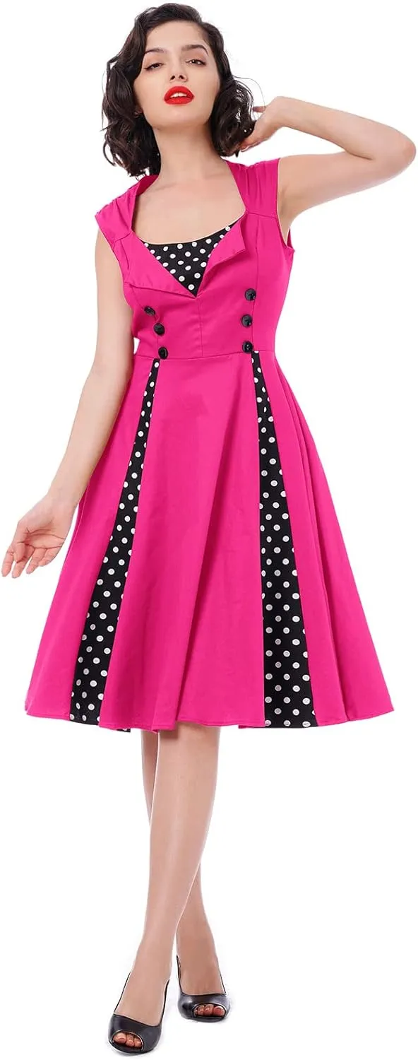 Women 1950s Dresses Vintage Sleeveless Spliced Floral/Polka Dots A Line Swing Midi Dress Cocktail Party Evening Gown