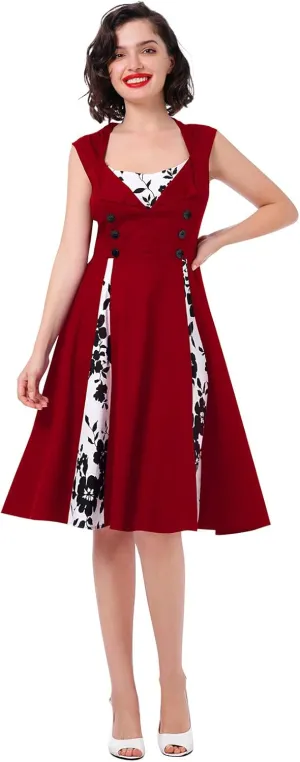 Women 1950s Dresses Vintage Sleeveless Spliced Floral/Polka Dots A Line Swing Midi Dress Cocktail Party Evening Gown