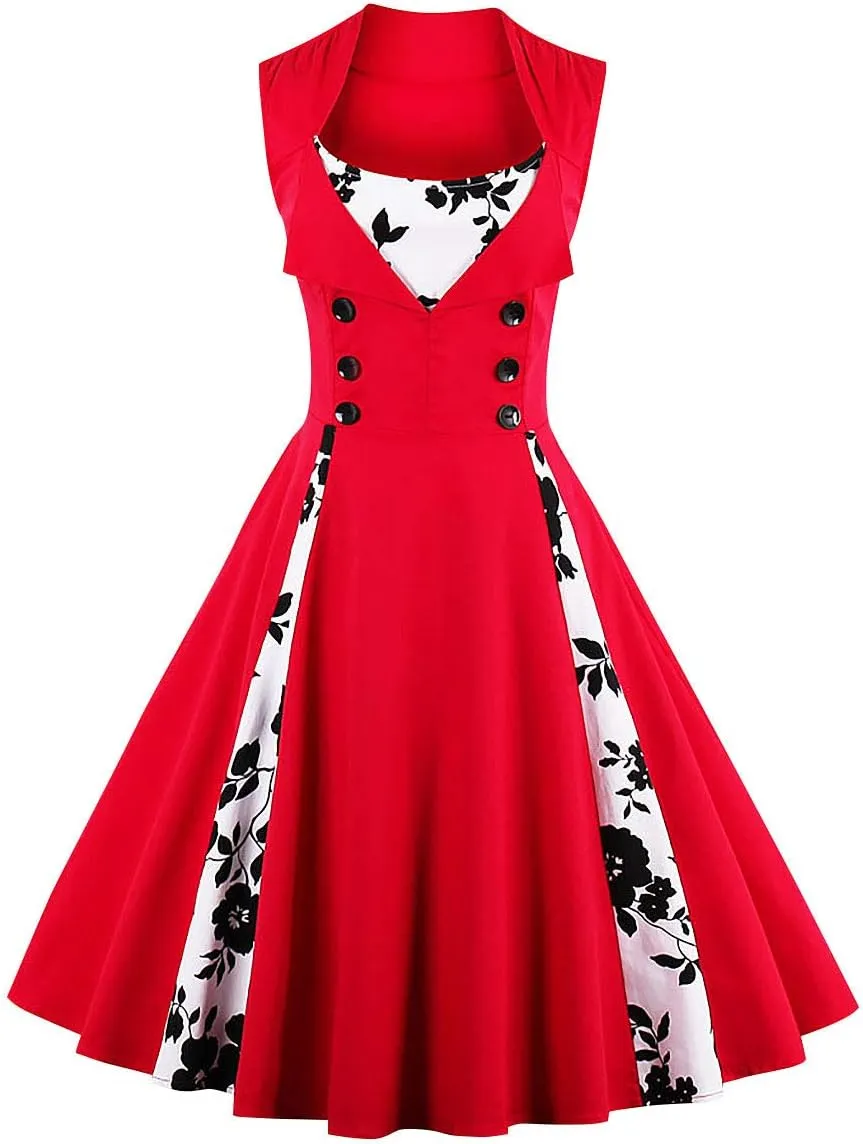 Women 1950s Dresses Vintage Sleeveless Spliced Floral/Polka Dots A Line Swing Midi Dress Cocktail Party Evening Gown