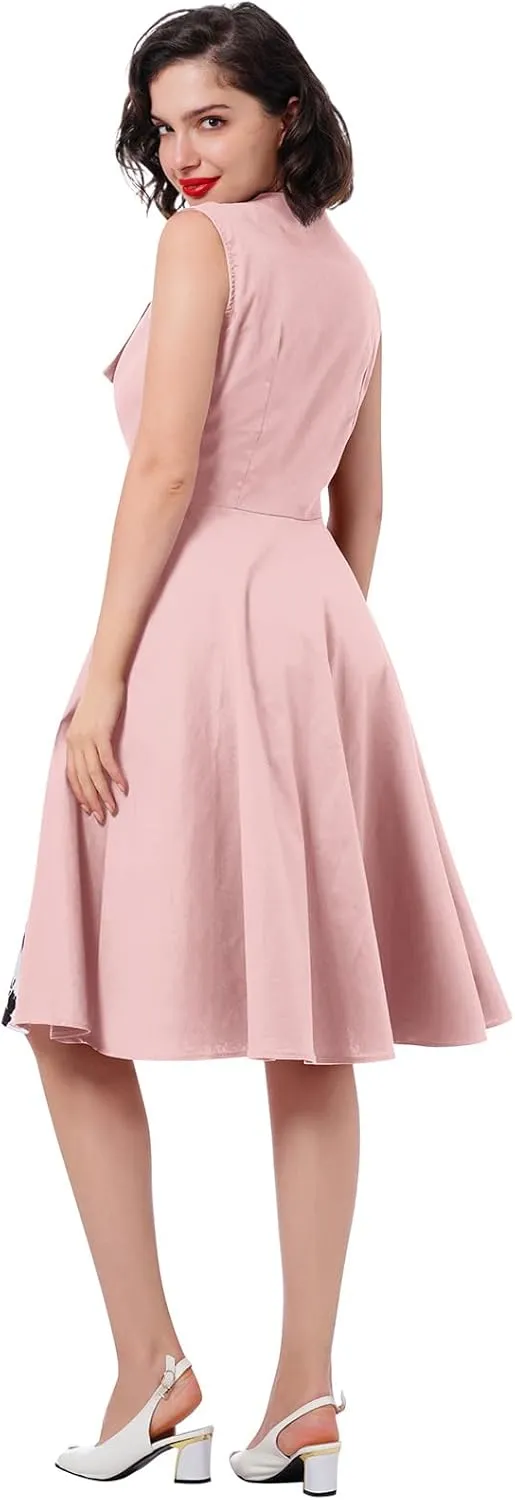 Women 1950s Dresses Vintage Sleeveless Spliced Floral/Polka Dots A Line Swing Midi Dress Cocktail Party Evening Gown