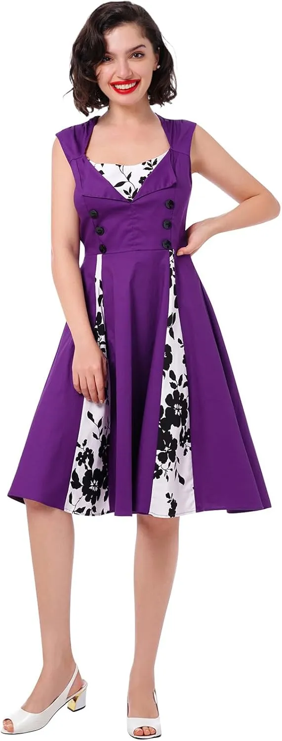 Women 1950s Dresses Vintage Sleeveless Spliced Floral/Polka Dots A Line Swing Midi Dress Cocktail Party Evening Gown
