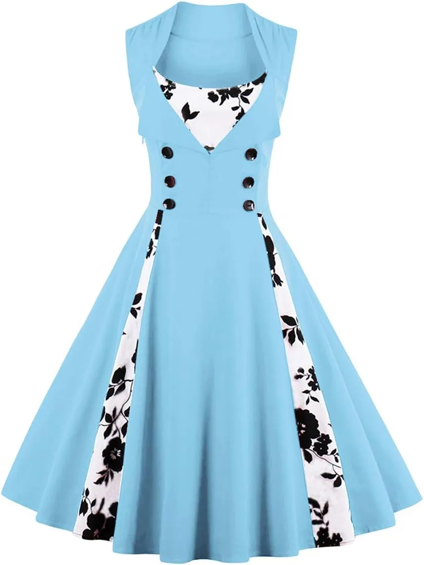 Women 1950s Dresses Vintage Sleeveless Spliced Floral/Polka Dots A Line Swing Midi Dress Cocktail Party Evening Gown