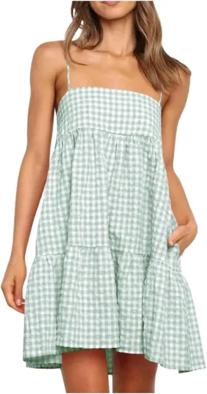 Women 2025 Summer Plaid Mini Dress Casual Boho Sleeveless Ruffle Spaghetti Strap Cami Babydoll Dresses with Pockets