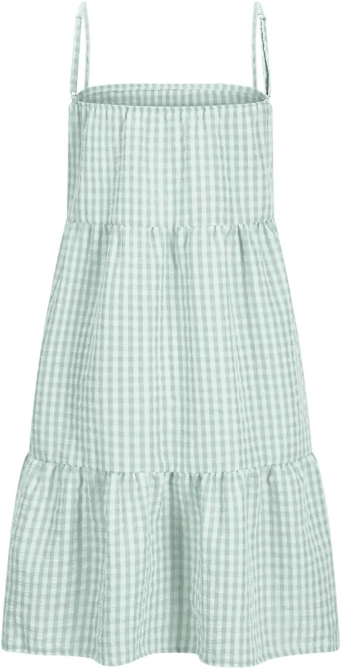 Women 2025 Summer Plaid Mini Dress Casual Boho Sleeveless Ruffle Spaghetti Strap Cami Babydoll Dresses with Pockets