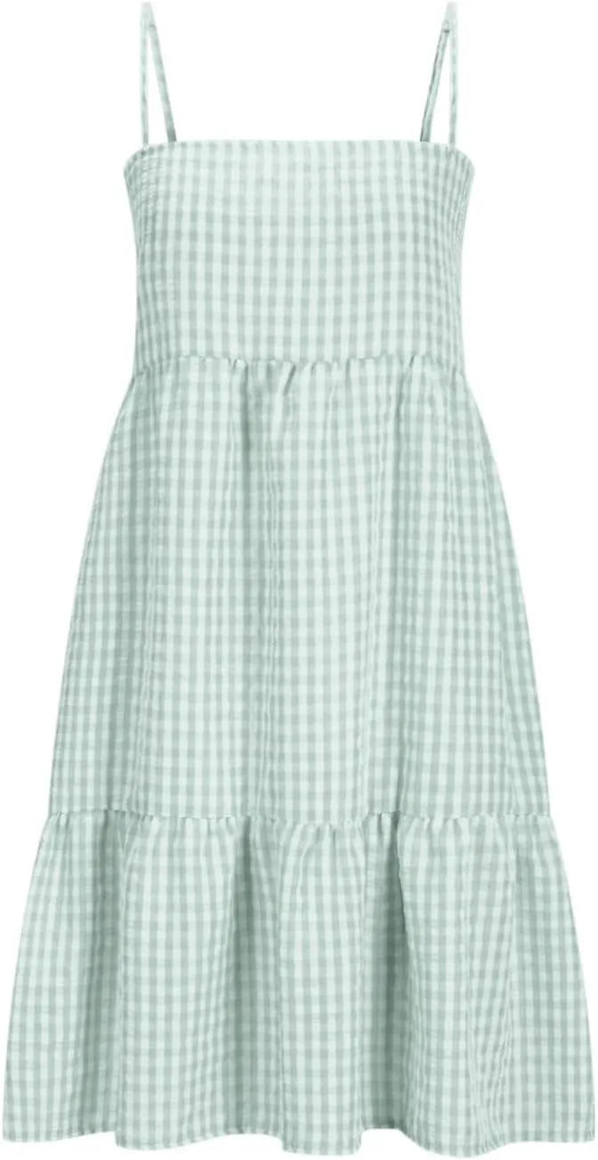 Women 2025 Summer Plaid Mini Dress Casual Boho Sleeveless Ruffle Spaghetti Strap Cami Babydoll Dresses with Pockets