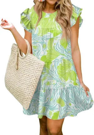 Women Babydoll Summer Casual Crew Neck Ruffle Sleeve Sleeveless Flowy Mini Short Tunic Dress Floral Print Pleated Dress5-Fluorescent Green,XX-Large
