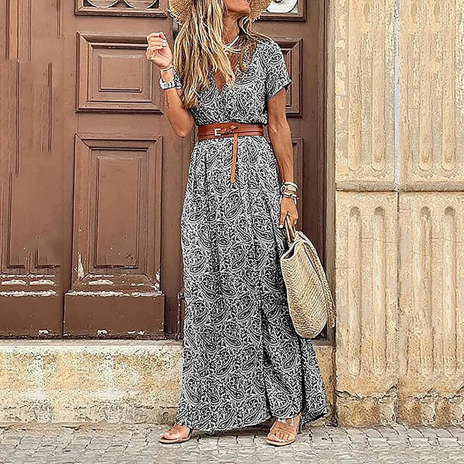 Women Boho Causal Summer Dress Short Sleeve High Waist Maxi Long Dresses 2024 Trendy Dress Beach Vacation Clothing