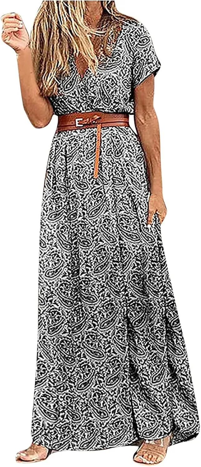 Women Boho Causal Summer Dress Short Sleeve High Waist Maxi Long Dresses 2024 Trendy Dress Beach Vacation Clothing