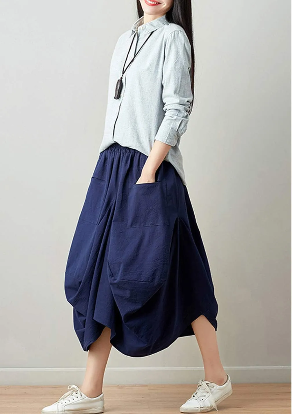 Women Casual Skirts Vintage Linen Cotton High Waisted Summer Midi Skirt