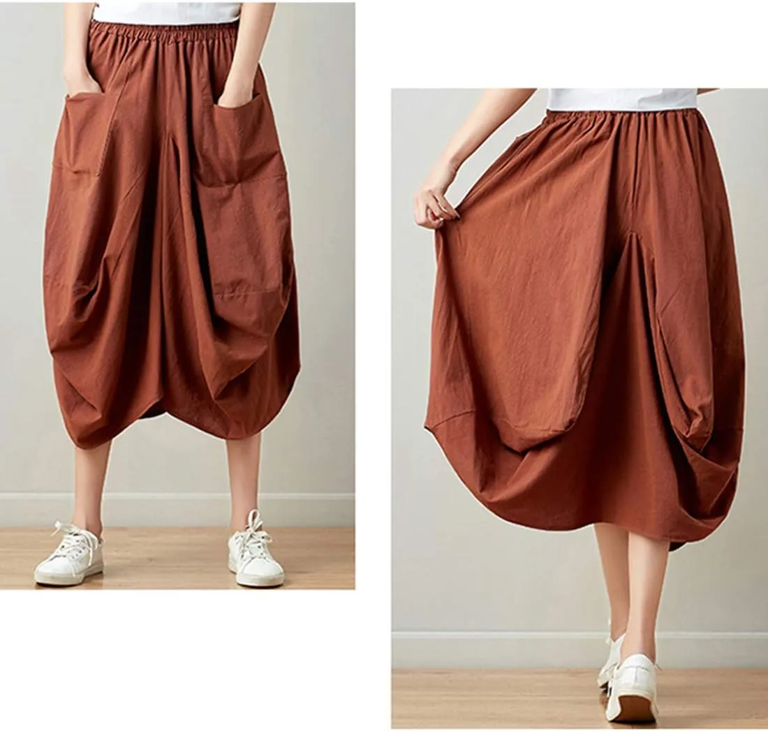 Women Casual Skirts Vintage Linen Cotton High Waisted Summer Midi Skirt