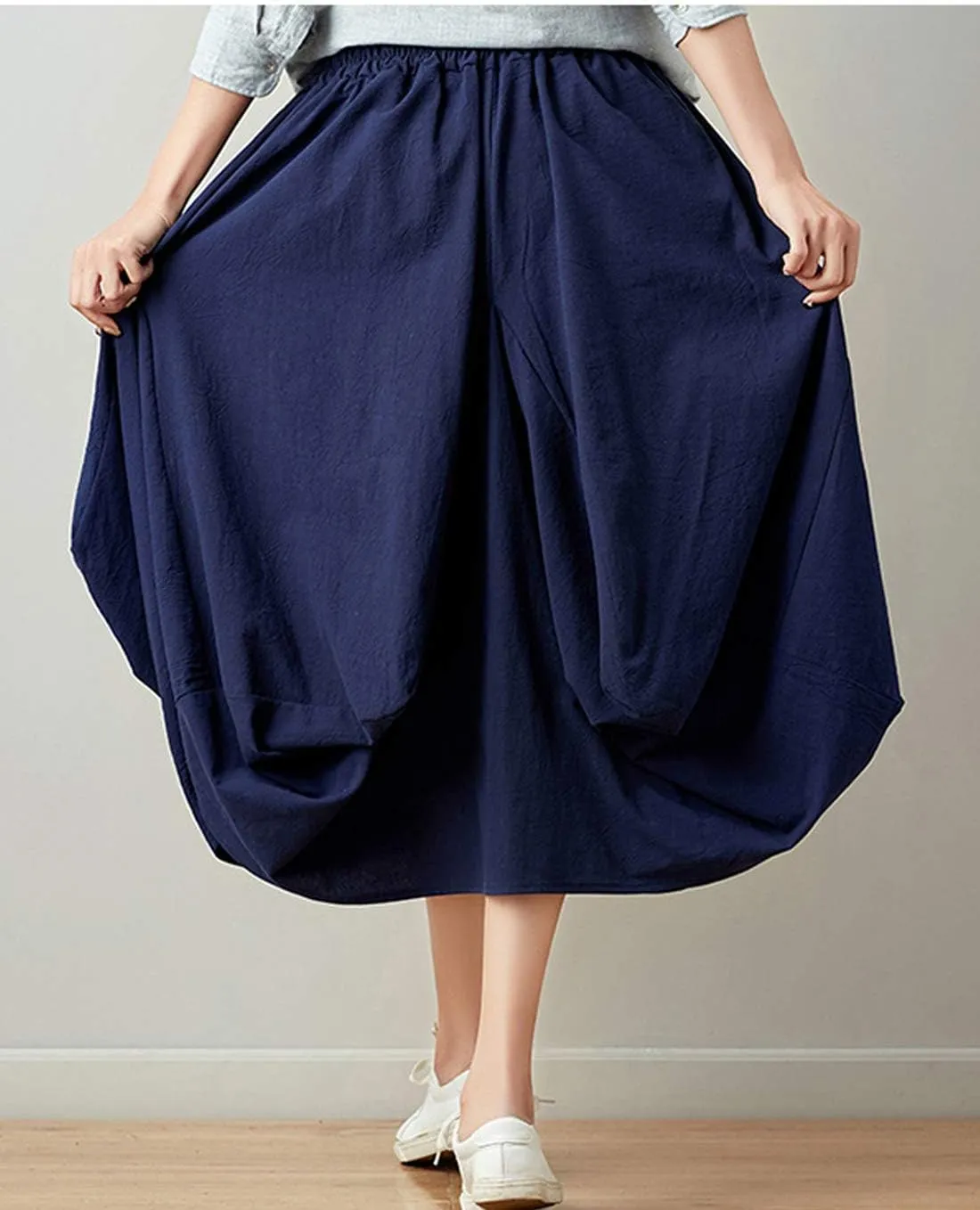Women Casual Skirts Vintage Linen Cotton High Waisted Summer Midi Skirt