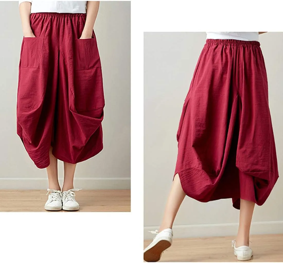 Women Casual Skirts Vintage Linen Cotton High Waisted Summer Midi Skirt