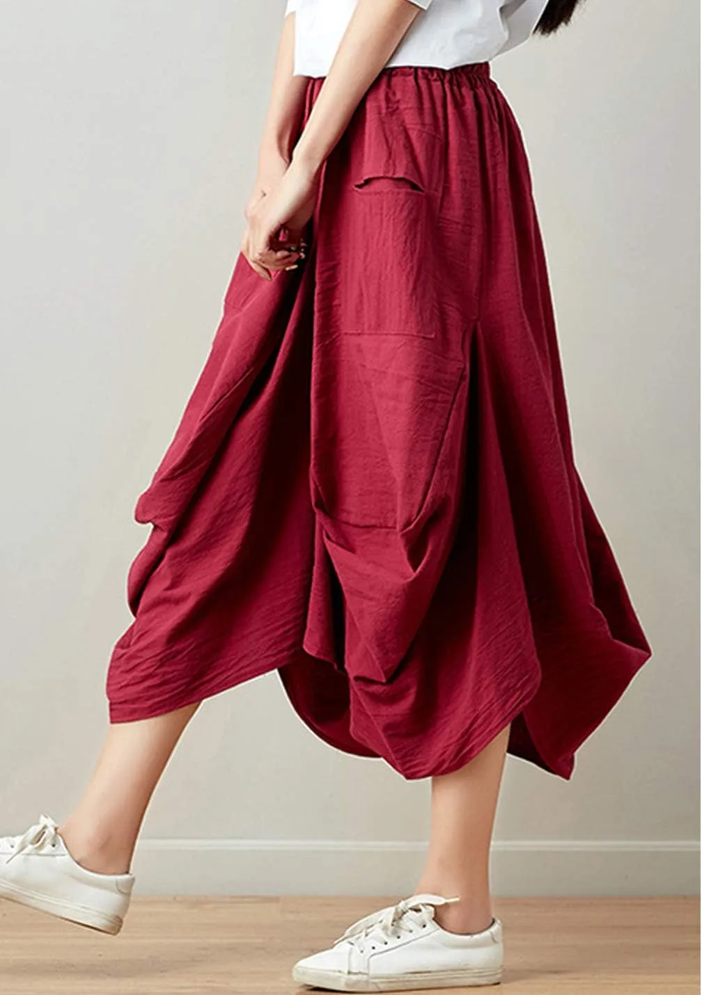 Women Casual Skirts Vintage Linen Cotton High Waisted Summer Midi Skirt
